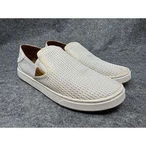 OluKai Pehuea SlipOn Shoes Womens Size 8 White Leather Mesh Sneaker Deck Coastal